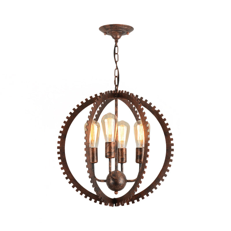 Lustre industriel rustique à armature circulaire avec 4 têtes, noir/fer rouillé, design d'engrenage