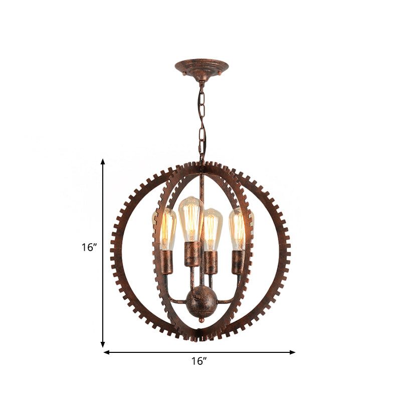 Lustre industriel rustique à armature circulaire avec 4 têtes, noir/fer rouillé, design d'engrenage