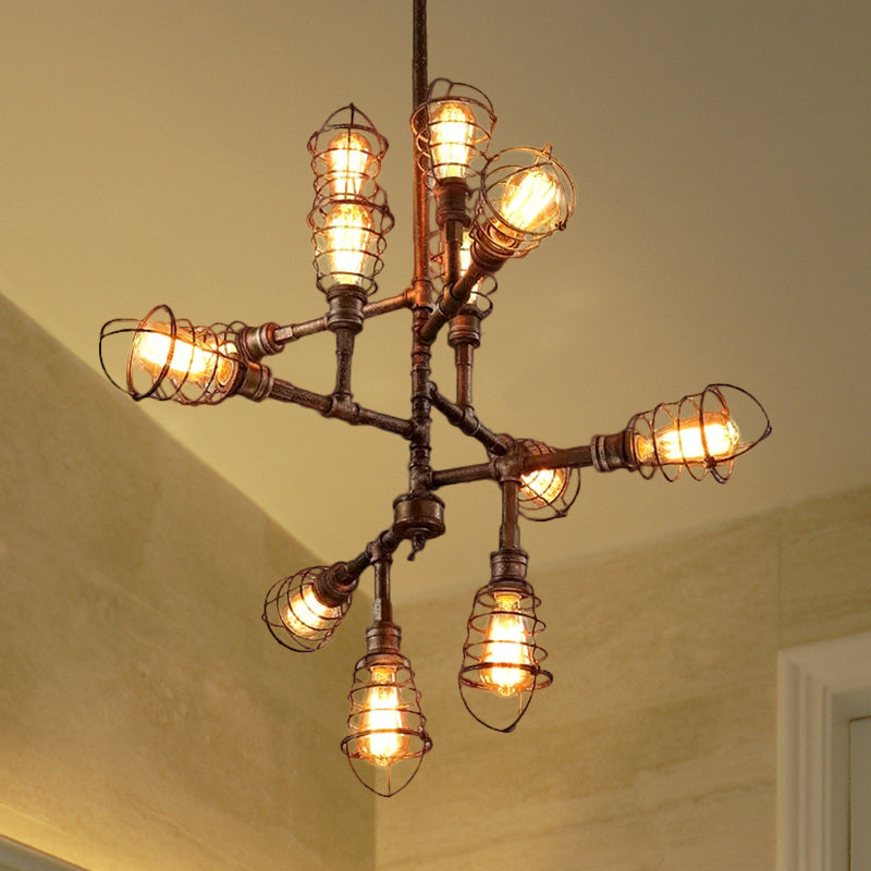 Lustre vintage en forme de cage en fer et bronze - 8/12 têtes, design élégant en fil de fer, parfait pour la salle à manger