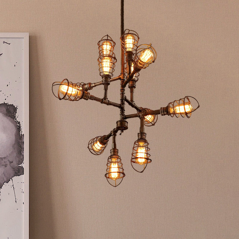 Lustre vintage en forme de cage en fer et bronze - 8/12 têtes, design élégant en fil de fer, parfait pour la salle à manger
