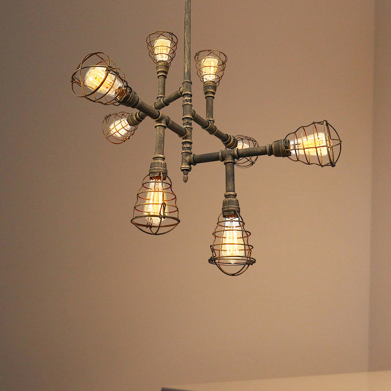 Lustre vintage en forme de cage en fer et bronze - 8/12 têtes, design élégant en fil de fer, parfait pour la salle à manger