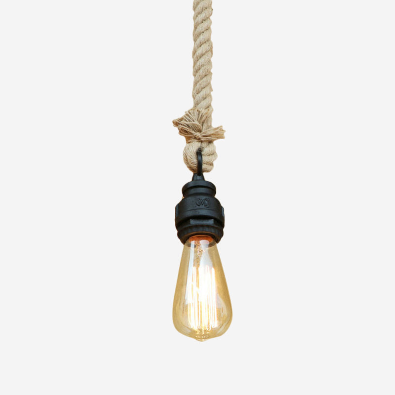 Suspension en métal noir et corde de style campagnard avec ampoule apparente