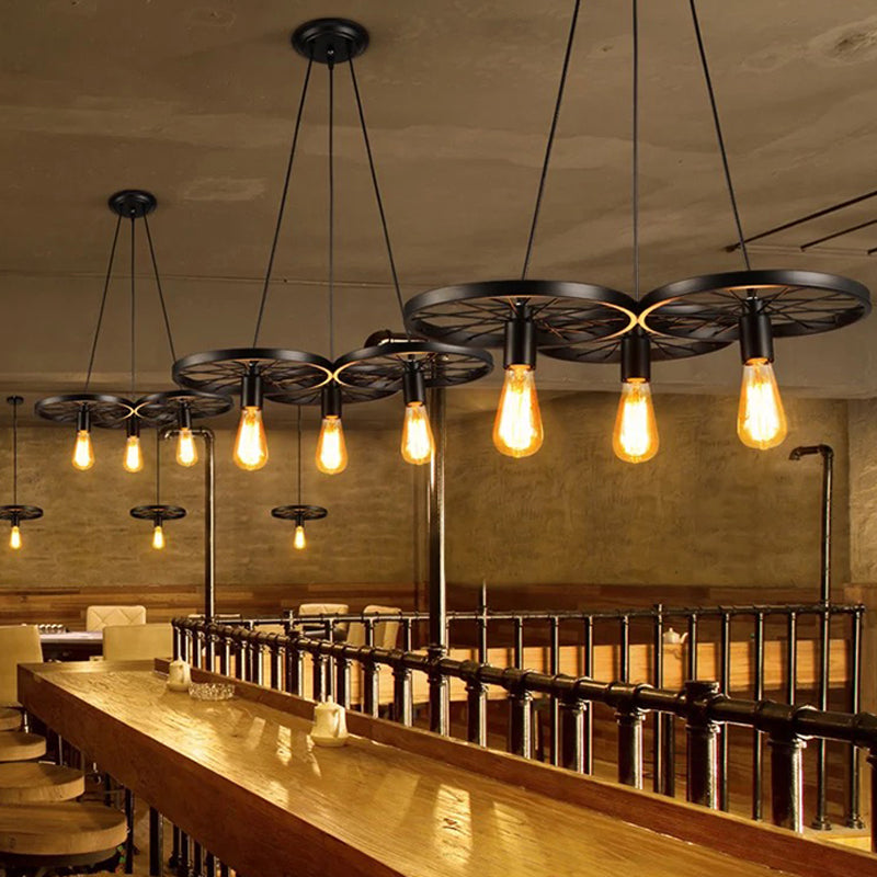 Vintage Industrial Hanging Light with Wheel Design and Multiple Heads - Black/Rust Metal Ceiling Fixture