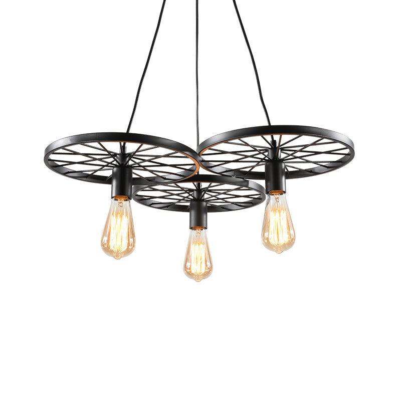 Vintage Industrial Hanging Light with Wheel Design and Multiple Heads - Black/Rust Metal Ceiling Fixture