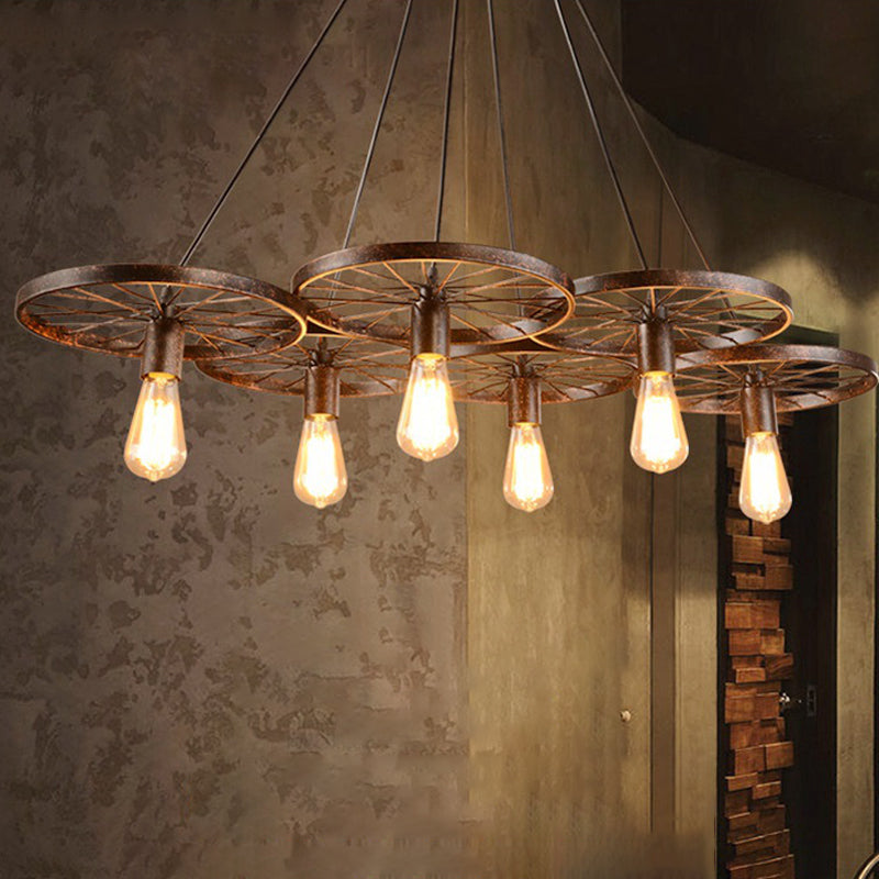 Vintage Industrial Hanging Light with Wheel Design and Multiple Heads - Black/Rust Metal Ceiling Fixture