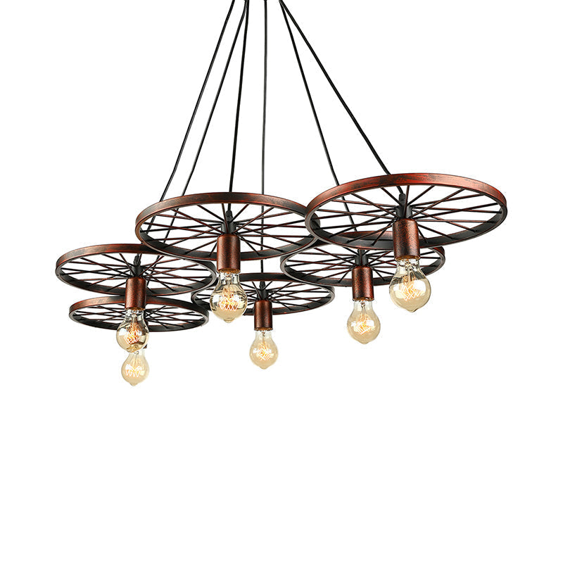 Vintage Industrial Hanging Light with Wheel Design and Multiple Heads - Black/Rust Metal Ceiling Fixture