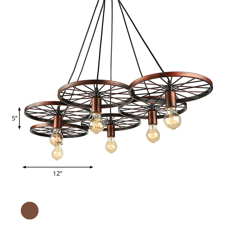 Vintage Industrial Hanging Light with Wheel Design and Multiple Heads - Black/Rust Metal Ceiling Fixture