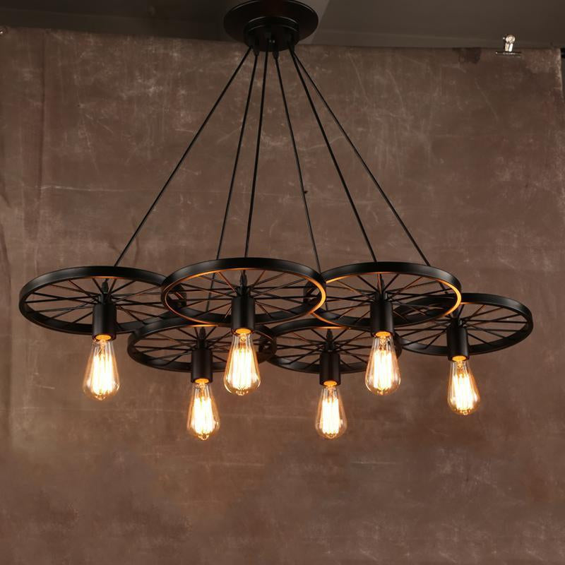 Vintage Industrial Hanging Light with Wheel Design and Multiple Heads - Black/Rust Metal Ceiling Fixture