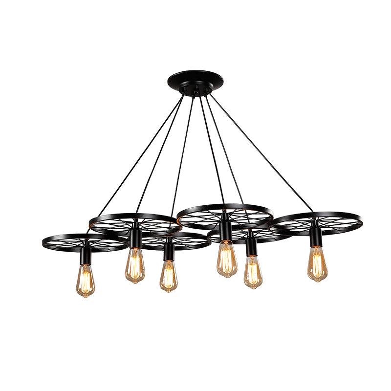 Vintage Industrial Hanging Light with Wheel Design and Multiple Heads - Black/Rust Metal Ceiling Fixture