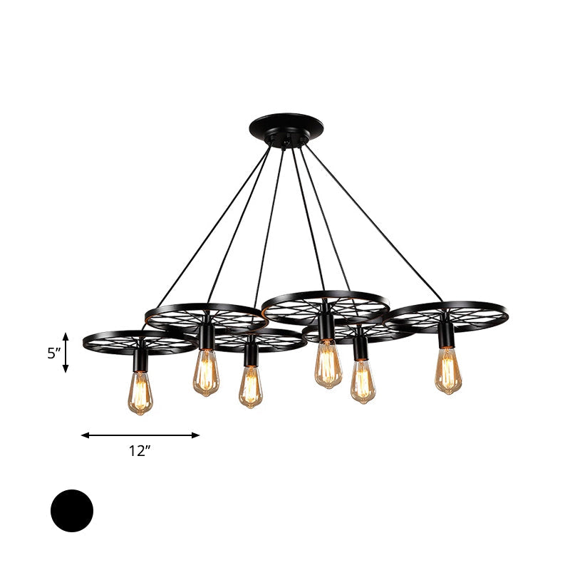 Vintage Industrial Hanging Light with Wheel Design and Multiple Heads - Black/Rust Metal Ceiling Fixture