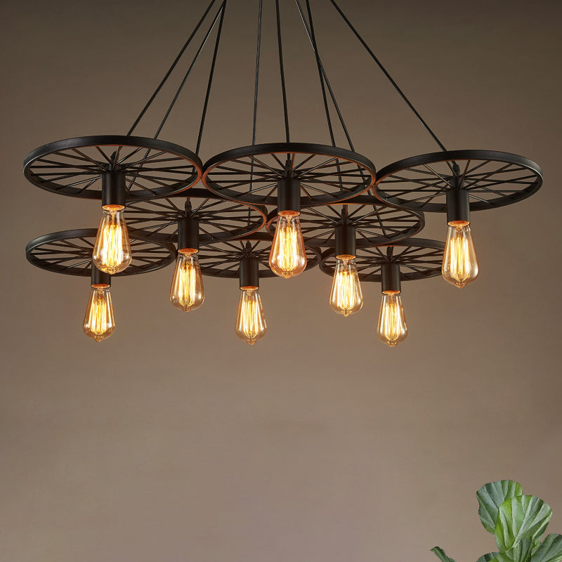 Vintage Industrial Hanging Light with Wheel Design and Multiple Heads - Black/Rust Metal Ceiling Fixture