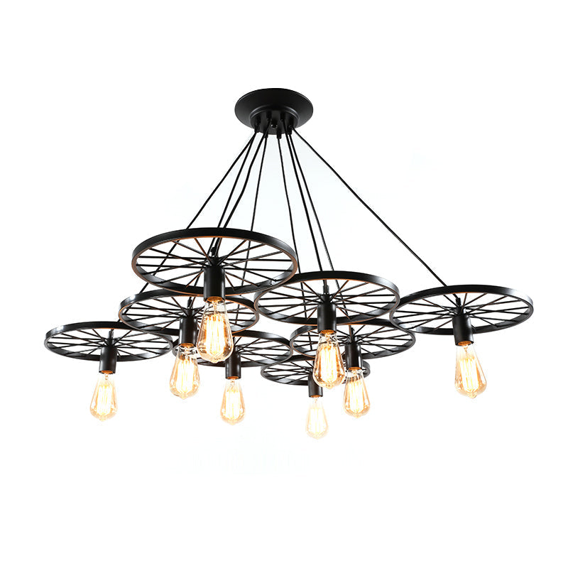 Vintage Industrial Hanging Light with Wheel Design and Multiple Heads - Black/Rust Metal Ceiling Fixture