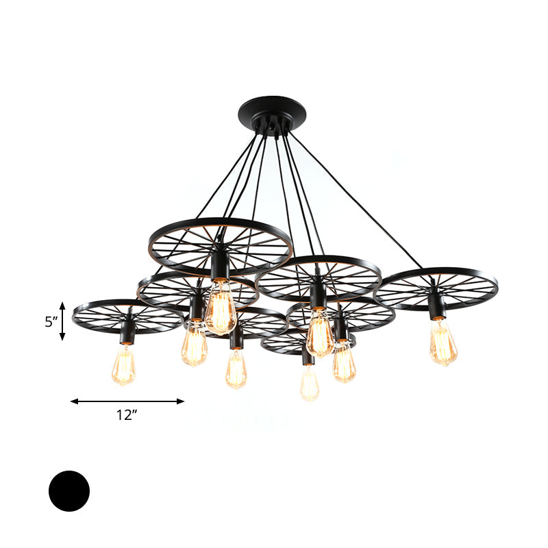 Vintage Industrial Hanging Light with Wheel Design and Multiple Heads - Black/Rust Metal Ceiling Fixture