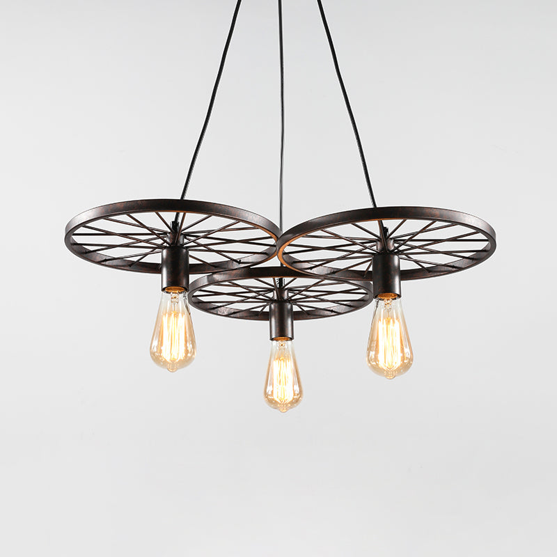 Vintage Industrial Hanging Light with Wheel Design and Multiple Heads - Black/Rust Metal Ceiling Fixture