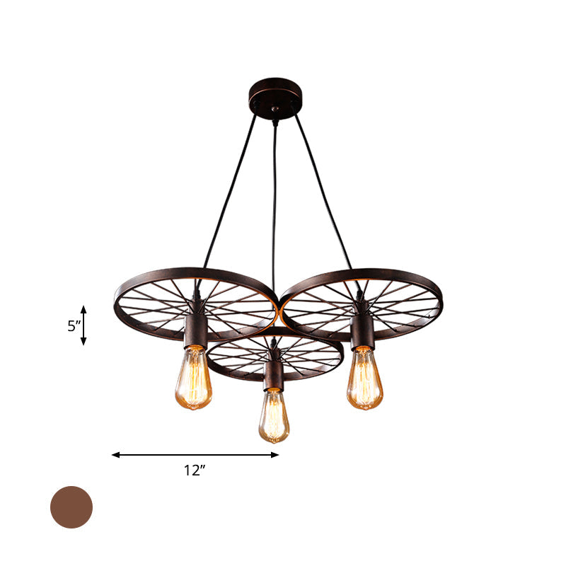 Vintage Industrial Hanging Light with Wheel Design and Multiple Heads - Black/Rust Metal Ceiling Fixture