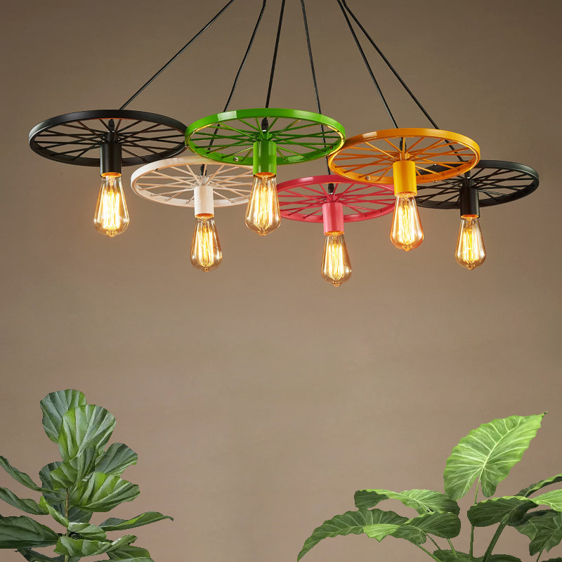 Vintage Industrial Hanging Light with Wheel Design and Multiple Heads - Black/Rust Metal Ceiling Fixture