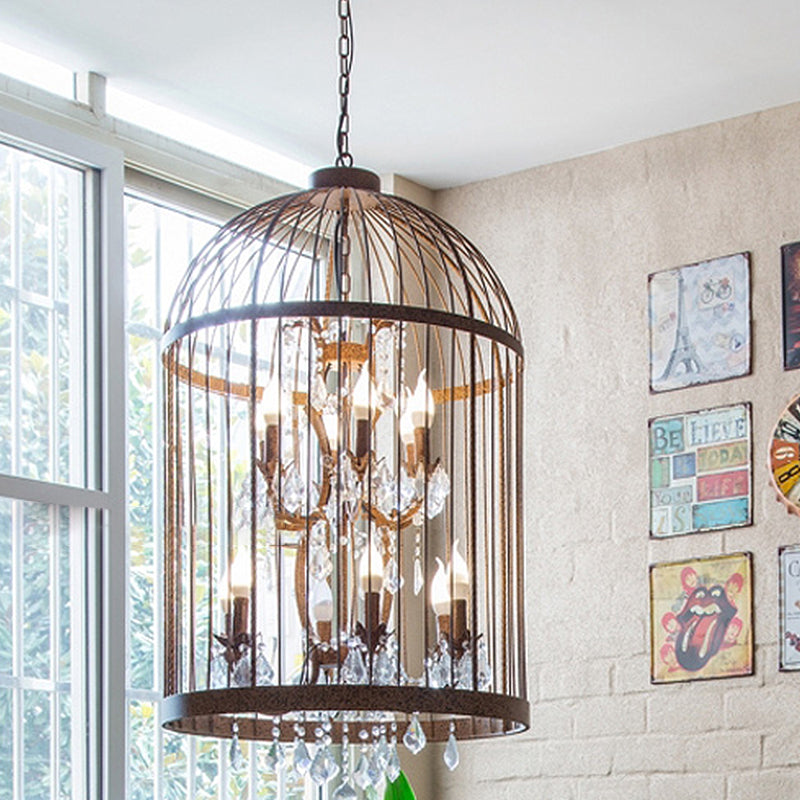 Vintage Style 4-Head Birdcage Chandelier: Black/White/Rust Iron Hanging Lamp With Candle & Crystal
