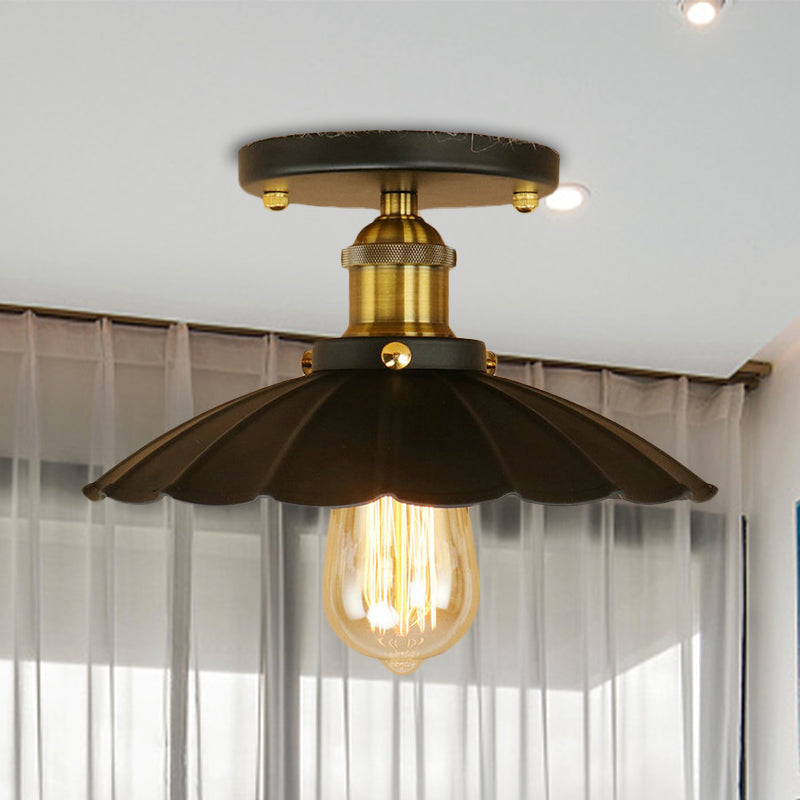 Vintage Style Scalloped Edge Balcony Semi Flush Ceiling Light in Black/Rust with 1 Metal Light Fixture