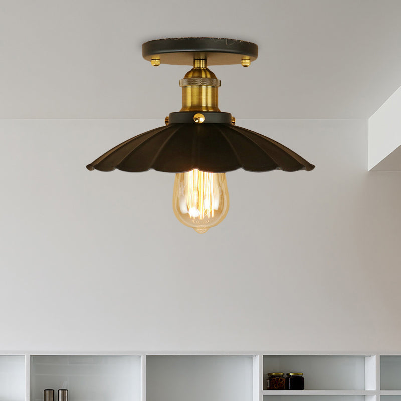 Vintage Style Scalloped Edge Balcony Semi Flush Ceiling Light In Black/Rust With 1 Metal Fixture