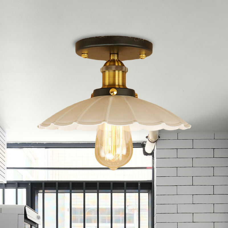 Vintage Style Scalloped Edge Balcony Semi Flush Ceiling Light in Black/Rust with 1 Metal Light Fixture