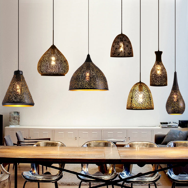 Vintage Stylish 1-Light Hanging Ceiling Pendant Lamp In Black With Metallic Etched Cone/Oval Design