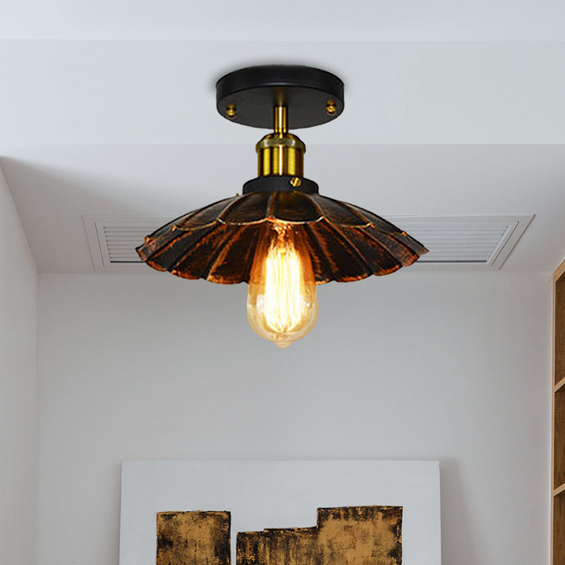 Vintage Style Scalloped Edge Balcony Semi Flush Ceiling Light in Black/Rust with 1 Metal Light Fixture
