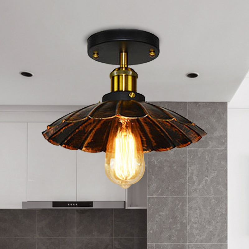 Vintage Style Scalloped Edge Balcony Semi Flush Ceiling Light in Black/Rust with 1 Metal Light Fixture