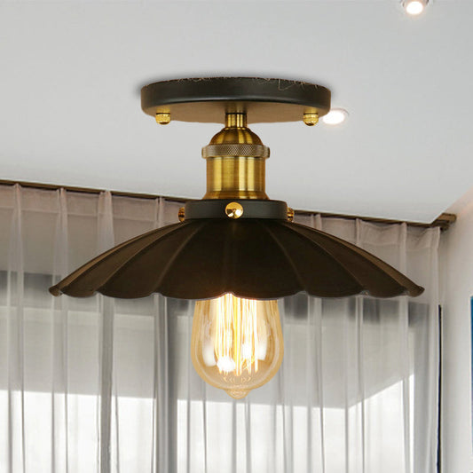 Loft Style Black Scalloped Edge Semi Flush Mount Light - 2 Lights Metal Ceiling Mounted, Indoor Lighting