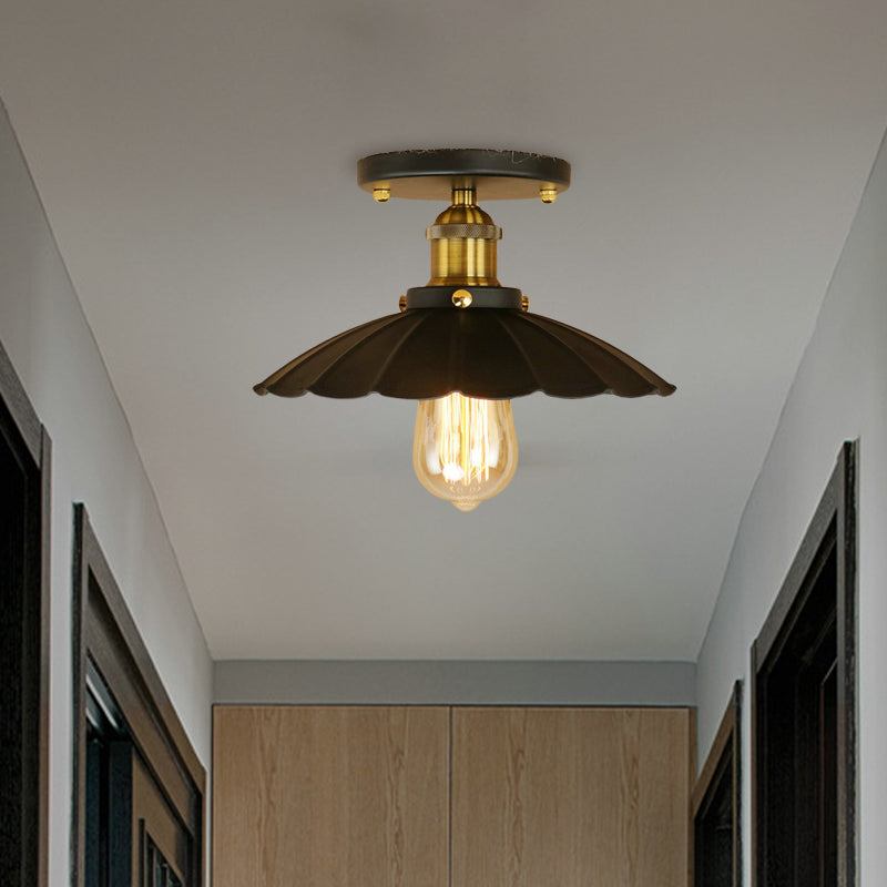 Loft Style Black Scalloped Edge Semi Flush Mount Light - 2 Lights Metal Ceiling Mounted, Indoor Lighting