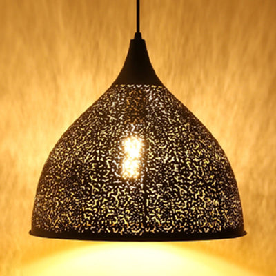 Vintage Stylish Hanging Ceiling Light Pendant Lamp - Etched Cone/Oval Metallic Design, 1 Light, Black - Ideal for Dining Rooms