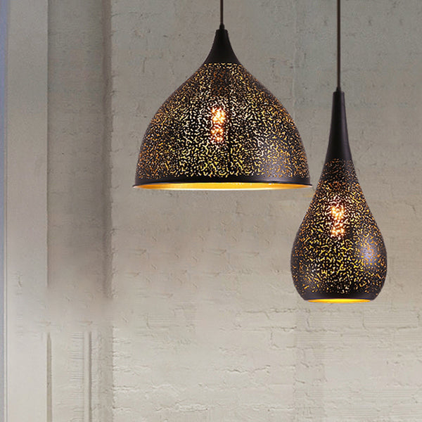 Vintage Stylish Hanging Ceiling Light Pendant Lamp - Etched Cone/Oval Metallic Design, 1 Light, Black - Ideal for Dining Rooms