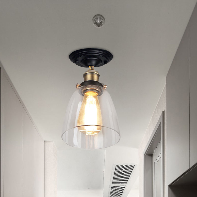 Vintage Cone Clear Glass Semi Flush Mount Light in Antique Brass – Ideal for Hallways