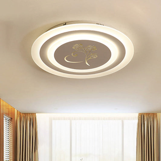 Modernist Acrylic Circle Flush LED Ceiling Light with Rose Pattern - White, Ceiling Mounted