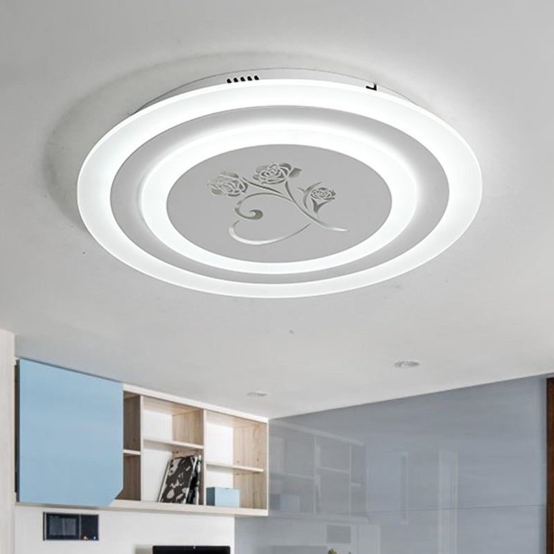 Modernist Acrylic Circle Flush LED Ceiling Light with Rose Pattern - White, Ceiling Mounted