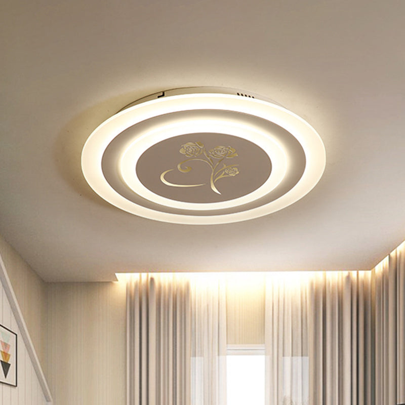 Modernist Acrylic Circle Flush LED Ceiling Light with Rose Pattern - White, Ceiling Mounted
