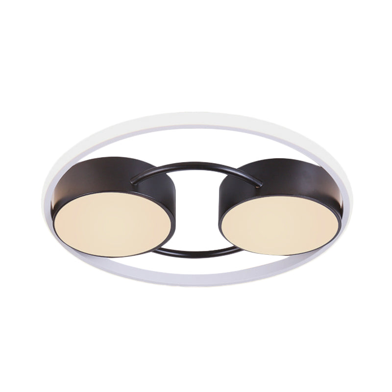 Double Drum LED Flush Ceiling Lamp: Modern Metal 18"/21.5" Fixture for Bedroom in Black with Warm/White Light