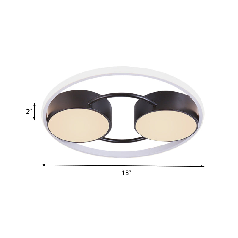 Double Drum LED Flush Ceiling Lamp: Modern Metal 18"/21.5" Fixture for Bedroom in Black with Warm/White Light