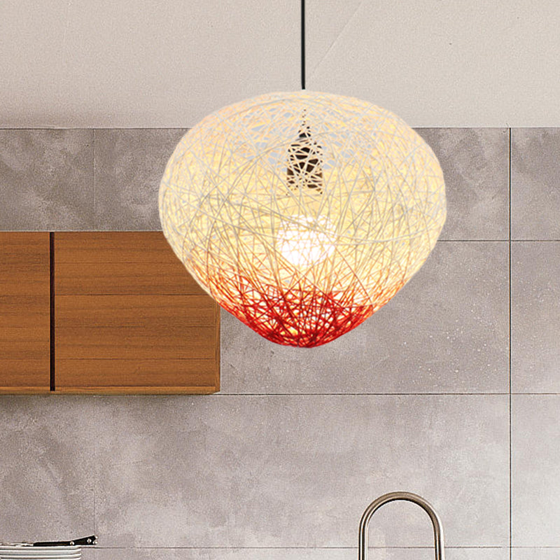 Modern Single Bulb Woven Rattan Bird Nest Hanging Lamp in Green/Red for Restaurants