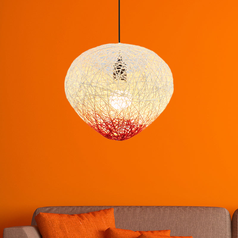 Modern Single Bulb Woven Rattan Bird Nest Hanging Lamp in Green/Red for Restaurants