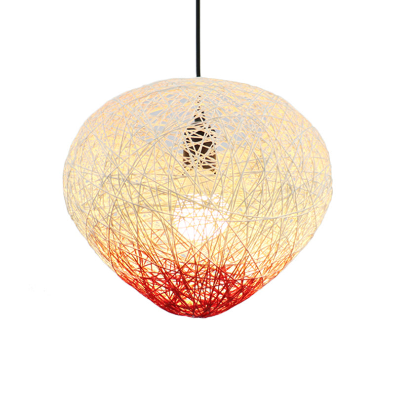 Modern Single Bulb Woven Rattan Hanging Lamp In Green/Red - Restaurant Drop Light