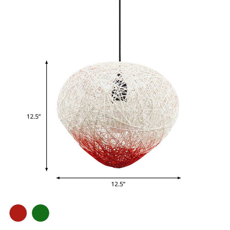 Modern Single Bulb Woven Rattan Hanging Lamp In Green/Red - Restaurant Drop Light