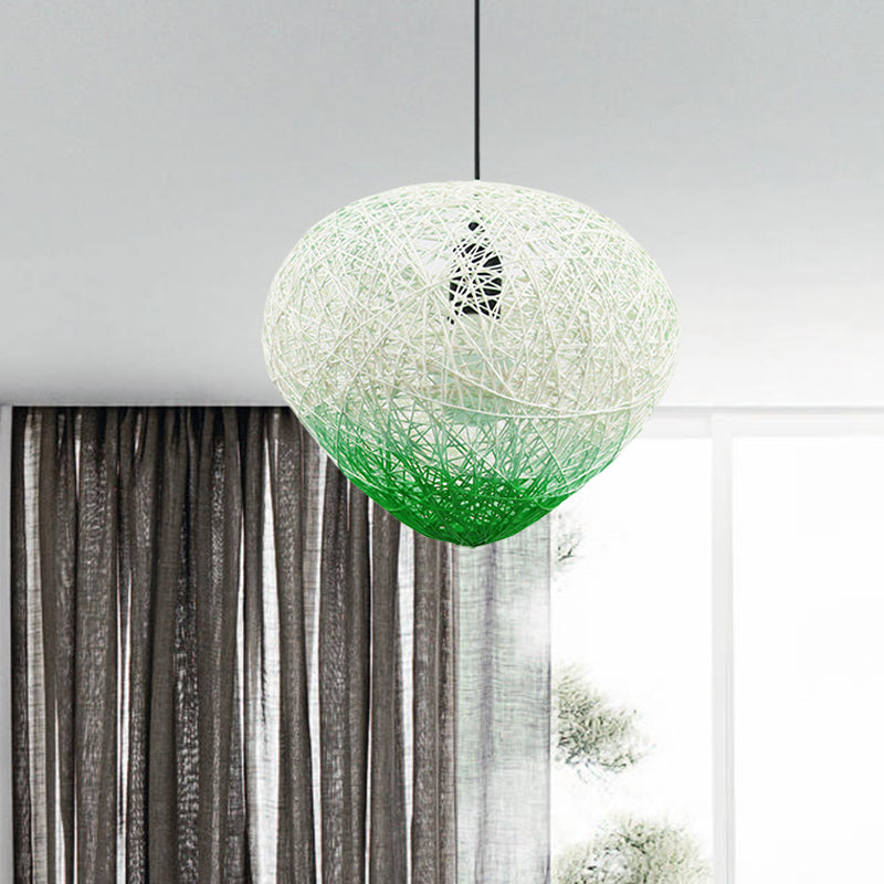 Modern Single Bulb Woven Rattan Bird Nest Hanging Lamp in Green/Red for Restaurants