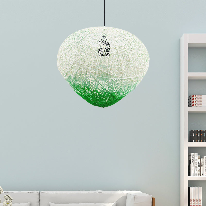 Modern Single Bulb Woven Rattan Bird Nest Hanging Lamp in Green/Red for Restaurants