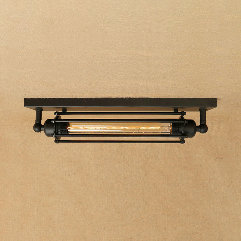 Retro Style 1-Light Linear Ceiling Mount Fixture with Cage Shade - Black Metallic Flush Mount