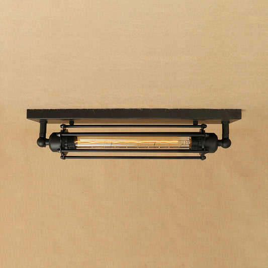 Retro Style 1-Light Linear Ceiling Mount Fixture with Cage Shade - Black Metallic Flush Mount