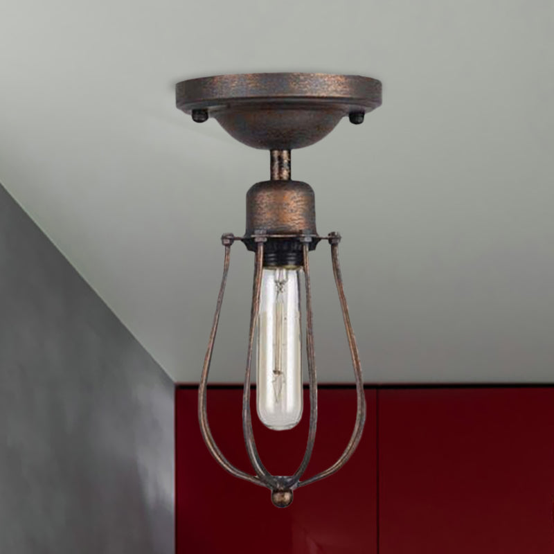 Plafonnier semi-encastré de style antique en fer forgé avec grille de protection et finition rouille foncée
