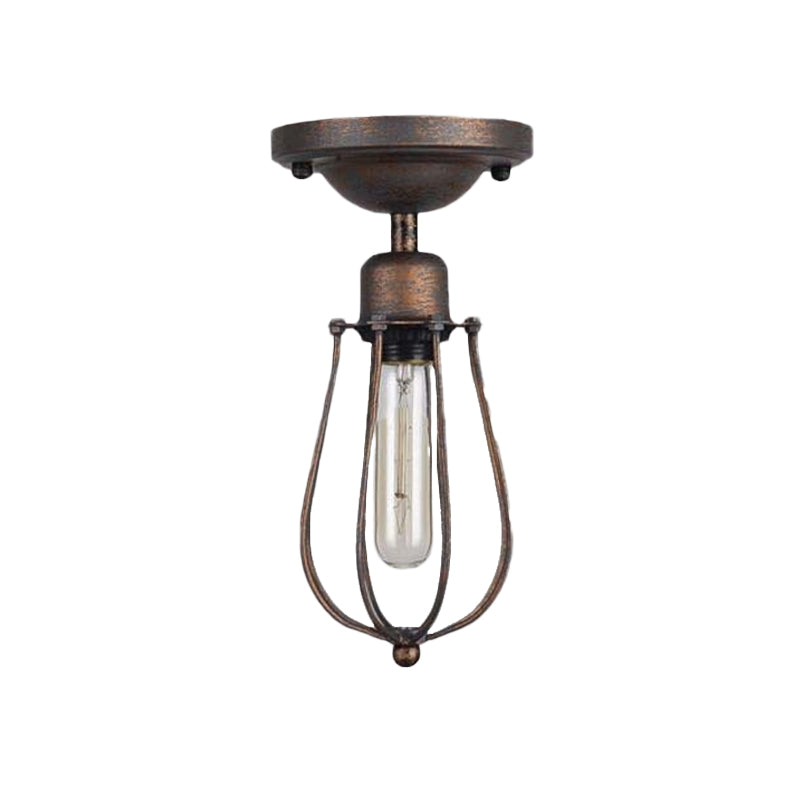 Plafonnier semi-encastré de style antique en fer forgé avec grille de protection et finition rouille foncée