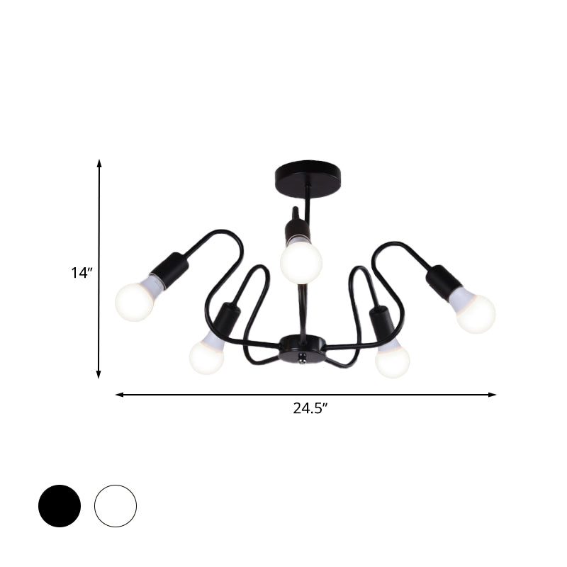 Plafonnier semi-encastré en métal industriel rétro avec ampoule apparente - 3/5/6 têtes - Éclairage de salle à manger - Noir/Blanc