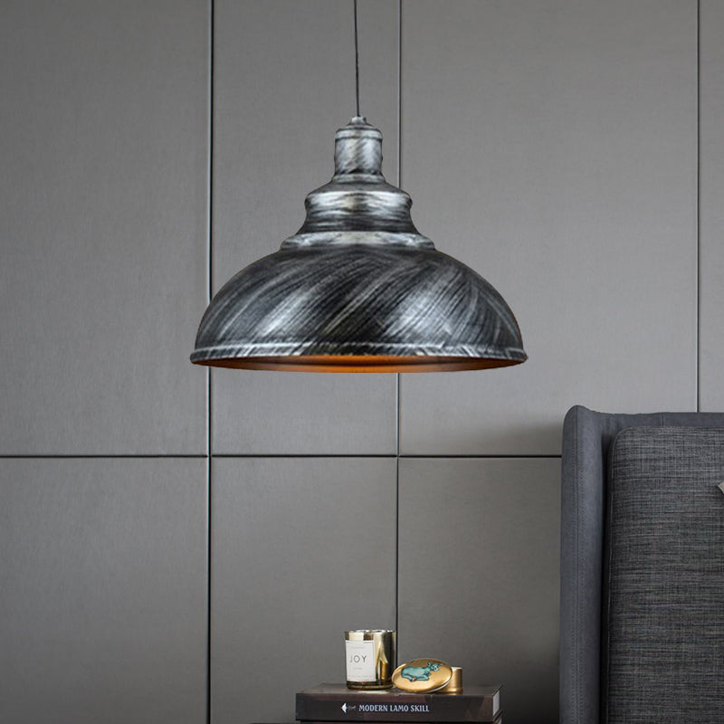 Rustic Metal Bowl Pendant Lamp With Pulley - Silver/Bronze Finish Silver