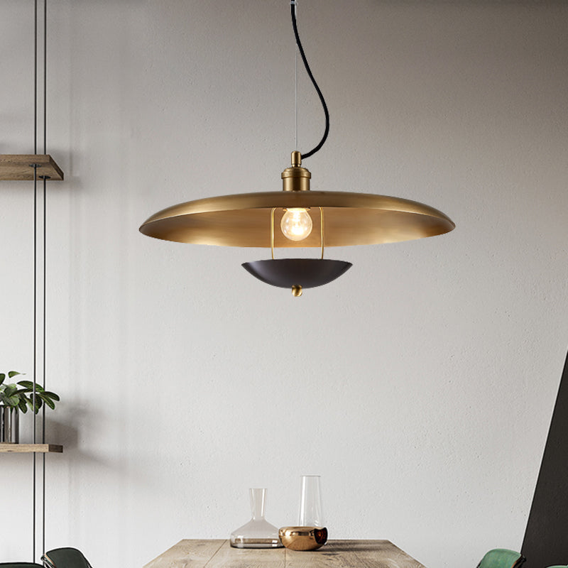 Antiqued Flat Hanging Light - 1-Bulb Metal Ceiling Lamp in Red/Gold with Adjustable Cord